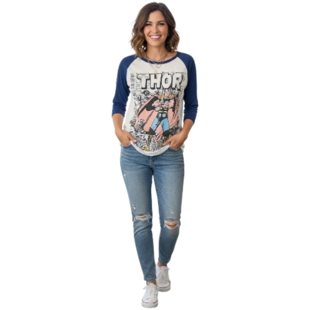 Marvel The Mighty Thor Vintage Baseball Style Raglan Sleeve Comic Graphic Tee XL
